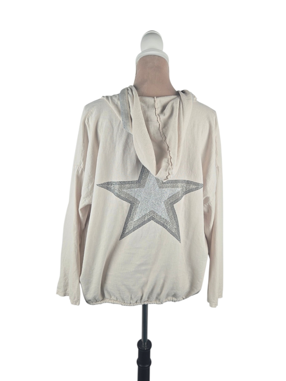 Venti6 Star Applique Hooded Jacket Linen Blend Oversized Lightweight Ivory Mediu